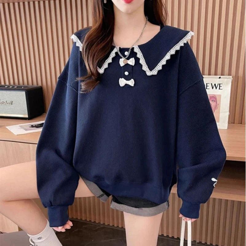 Blusa de Manga Longa com Renda e Laço - Estilo Coreano para Outono e Inverno