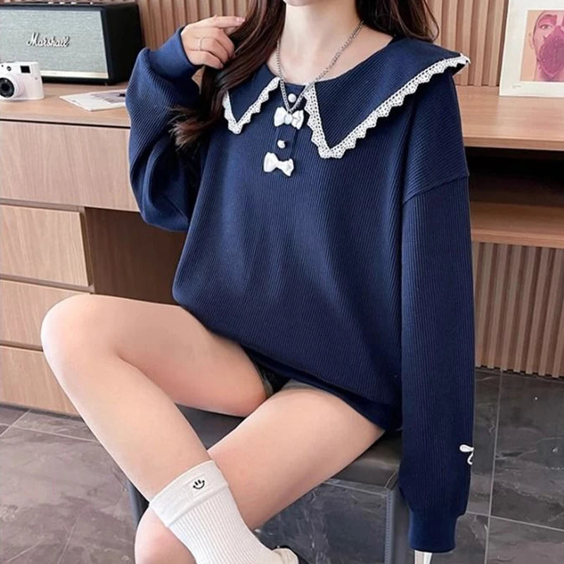 Blusa de Manga Longa com Renda e Laço - Estilo Coreano para Outono e Inverno