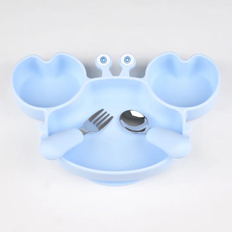 Conjunto de Alimentação Infantil – Prato de Silicone com Ventosa + Talheres