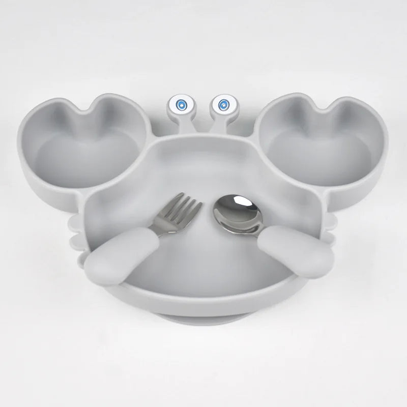 Conjunto de Alimentação Infantil – Prato de Silicone com Ventosa + Talheres